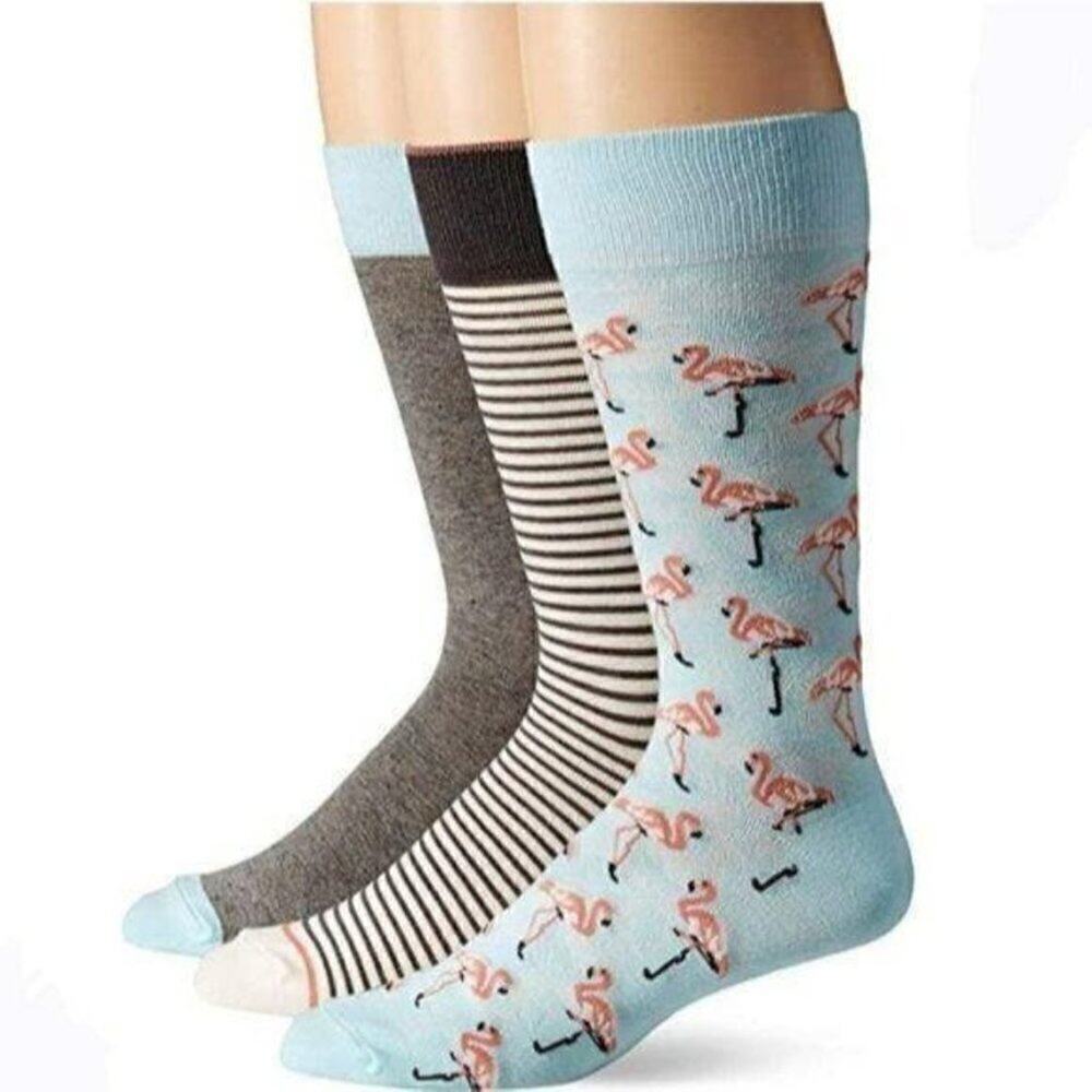 3 Pack Trouser Socks Tropical Flamingo Striped Unisex M 8-12 W 10-13